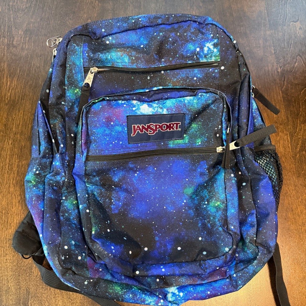JanSport Big Student Backpack Galaxy Nebula Space Print Blue Purple Large School